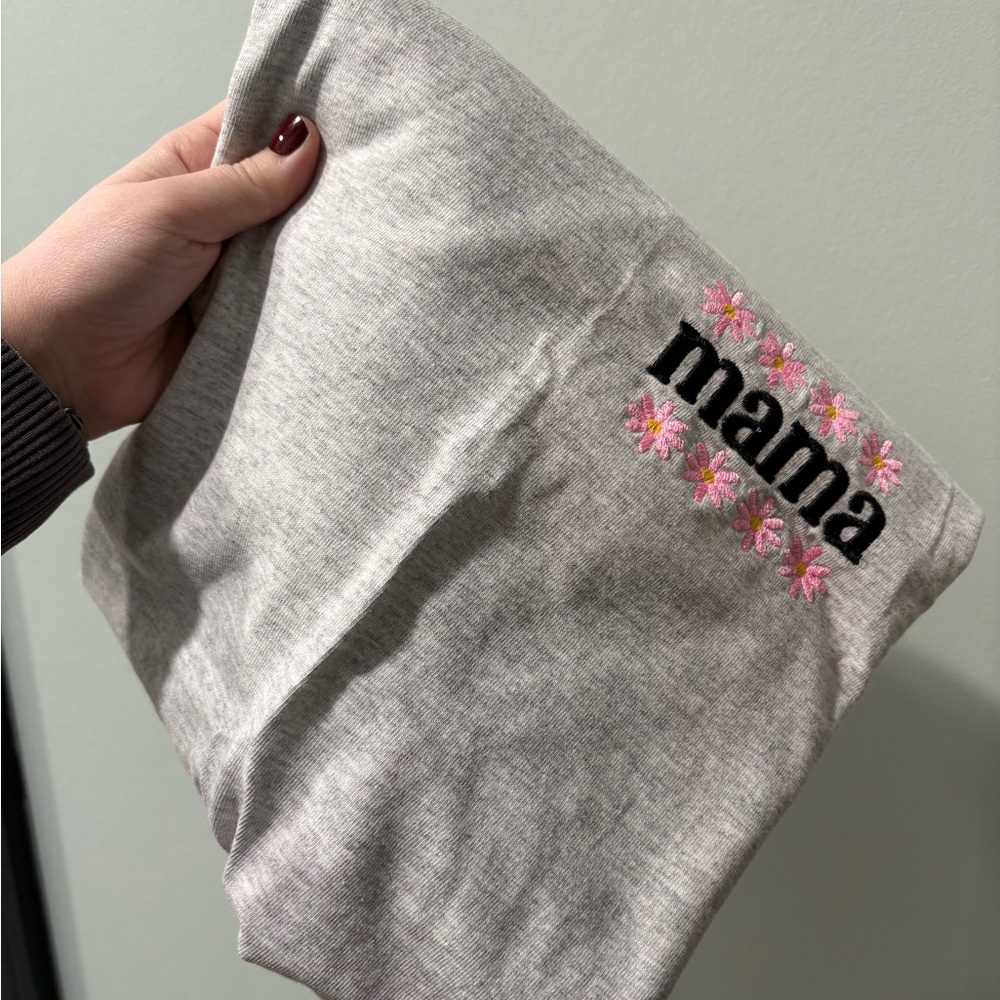 Mama Embroidered Tee with Pink Floral Accents